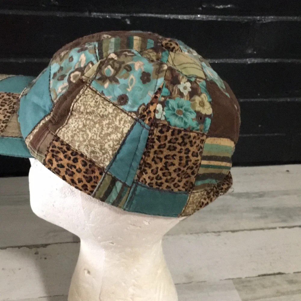 Patchwork teal brown cream adjustable back floral animal print ballcap